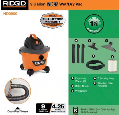 9 Gallon 4.25 Peak HP NXT Shop Vac Wet Dry Vacuum with General Debris Filter, Locking Hose and Accessory Attachments
RIDGID