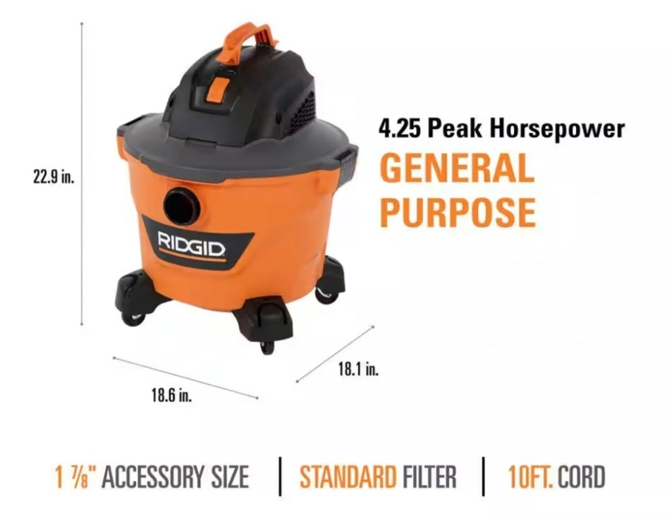 9 Gallon 4.25 Peak HP NXT Shop Vac Wet Dry Vacuum with General Debris Filter, Locking Hose and Accessory Attachments
RIDGID