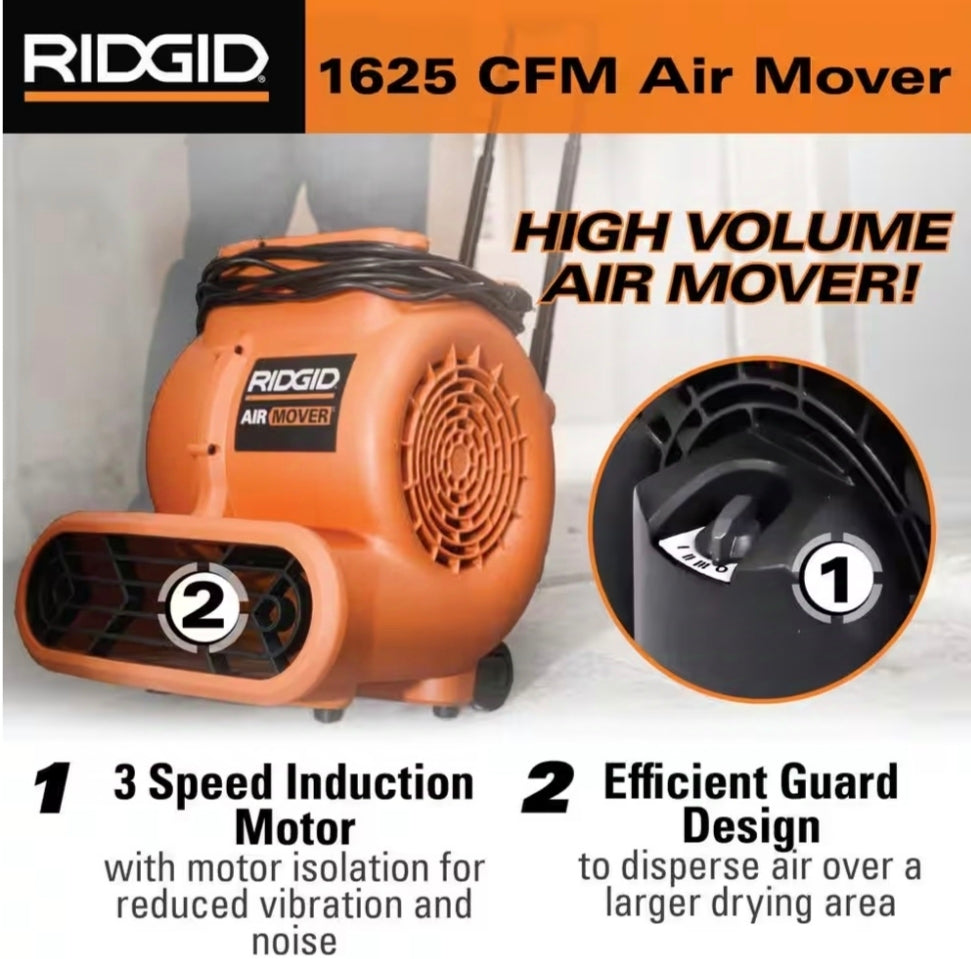 RIDGID
1625 CFM 3-Speed Portable Blower Fan Air Mover with Collapsible Handle and Rear Wheels for Water Damage Restoration