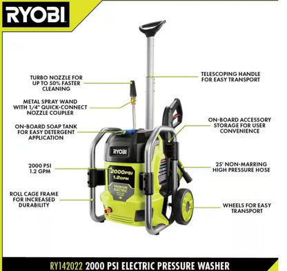 RYOBI
2000 PSI 1.2 GPM Cold Water Corded Electric Pressure Washer