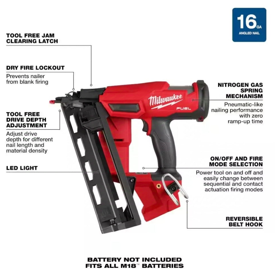 Milwaukee
M18 FUEL 18-Volt Lithium-Ion Brushless Cordless Gen II 16-Gauge Angled Finish Nailer (Tool-Only)