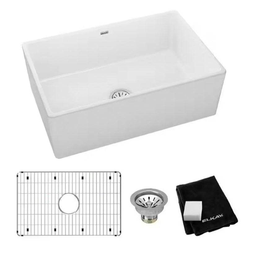 Elkay
Fireclay 30 in. Farmhouse/Apron-Front Single Bowl White Fireclay Kitchen Sink Kit w/ Accessories