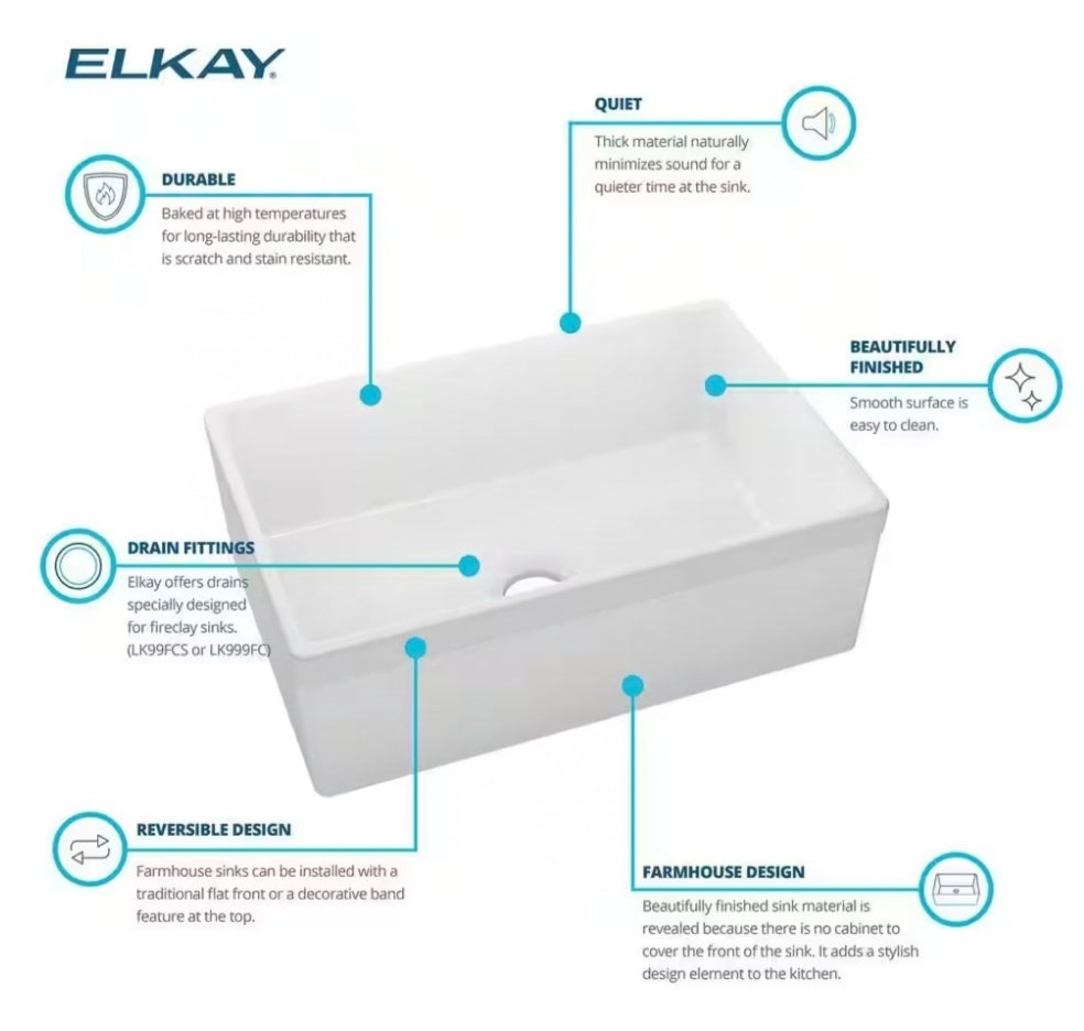 Elkay
Fireclay 30 in. Farmhouse/Apron-Front Single Bowl White Fireclay Kitchen Sink Kit w/ Accessories