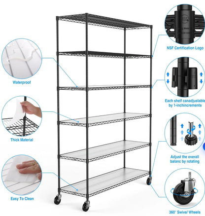 ZNTS 6 Tier Wire Shelving Unit, 6000 LBS NSF Height Adjustable Metal Garage Storage Shelves with Wheels, W155079890