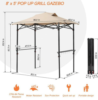 SERGA 8 ft. x 5 ft. Outdoor Pop up Grill Metal Gazebo Portable BBQ Gazebo Canopy Beige