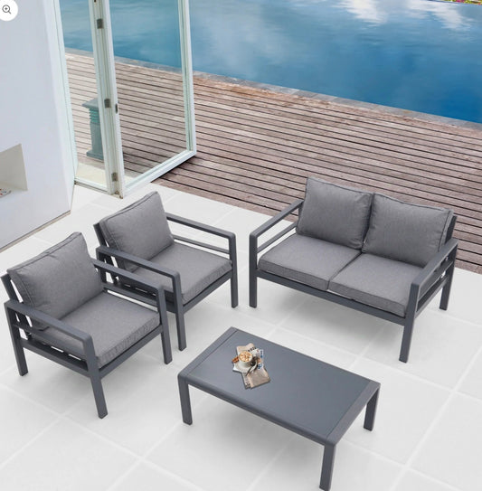 4-piece Aluminum Outdoor Patio Conversation Set,All-Weather Sectional Sofa Outside Furniture with Removable Cushions and Tempered Glass Coffee Table for Courtyard,Poolside,Deck,Balcony(Grey)