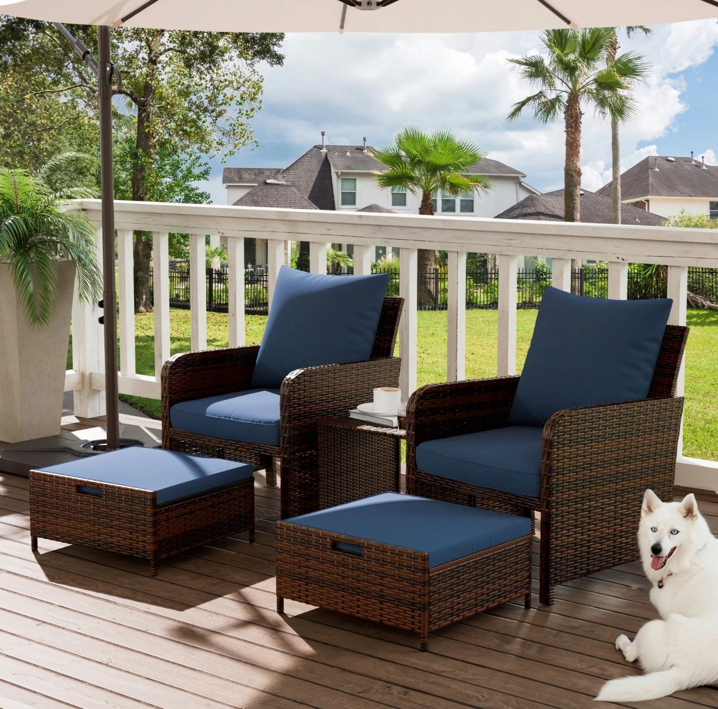 TECHMILLY  Patio, Wicker Outdoor Patio Navy Blue Chair and Ottoman only