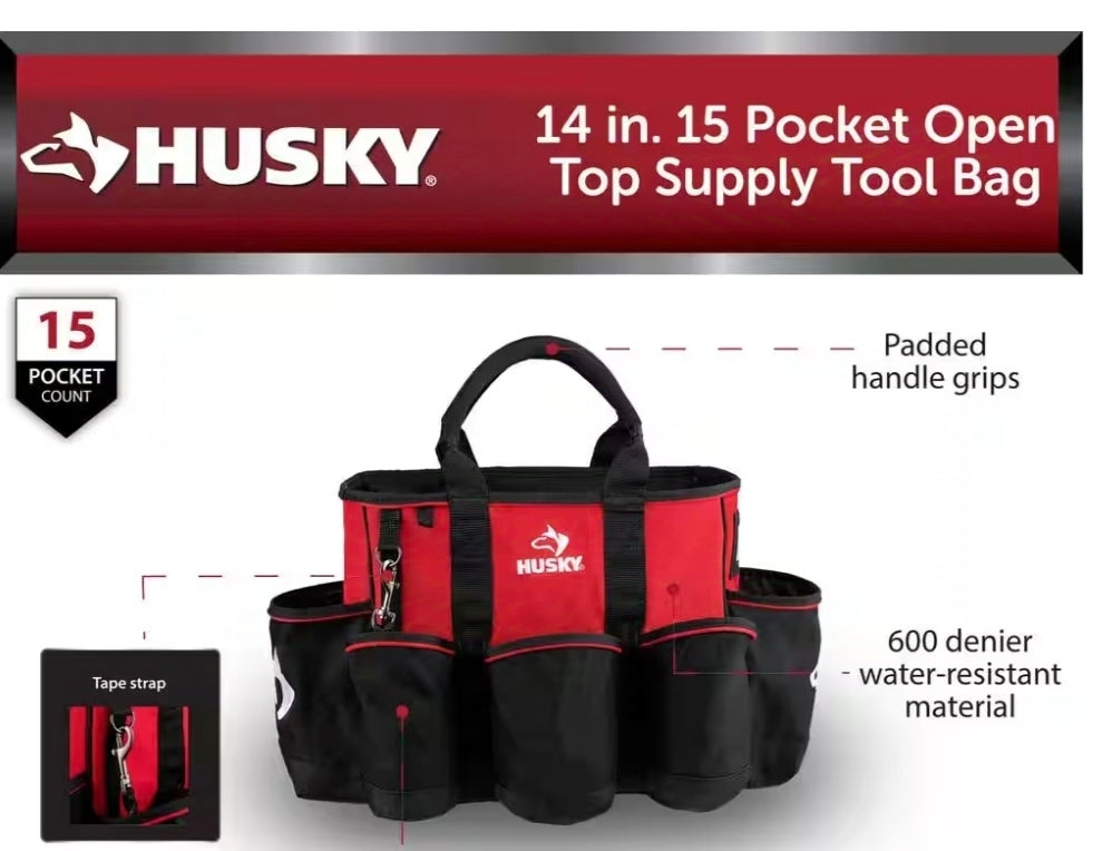 Husky
14 in. 15 Pocket Open Top Supply Tool Bag