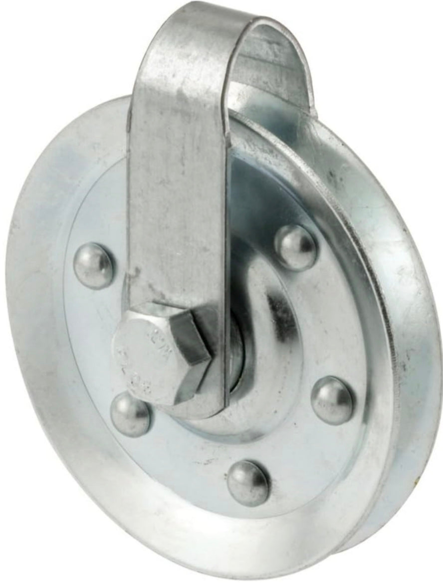 Prime-Line GD 52189 3 in. Diameter, Case-Hardened Steel. Pulley Pullet with Straps and Axle Bolts, White