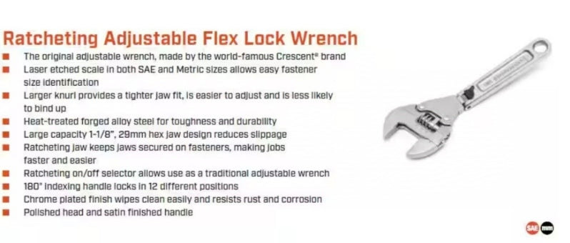 Crescent
8 in. Flex Head Adjustable Wrench with Ratcheting Jaw