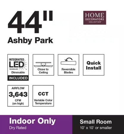 Ashby Park 44 in. White Color Changing Integrated LED Brushed Nickel Ceiling Fan with Light Kit and 3 Reversible Blades