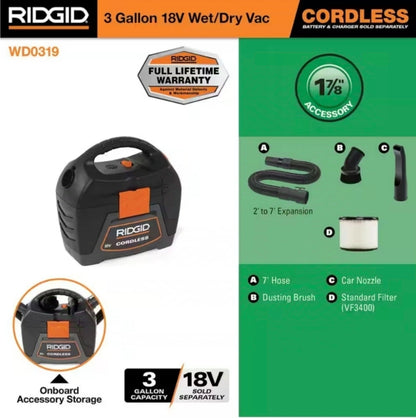 RIDGID
3 Gallon 18-Volt Cordless Handheld Shop Vac Wet Dry Vacuum (Tool Only) with Filter, Expandable Hose and Accessories