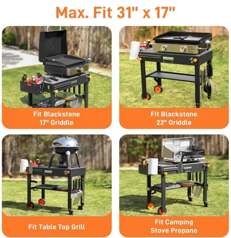 Outdoor Grill Table - Grill Cart Solid and Sturdy, Blackstone Griddle Stand for 17"/22" Griddle, Ninja Grill Stand Large Space, Pizza Oven Stand with Paper Towel Holder, for Tailgating, Camping, RV