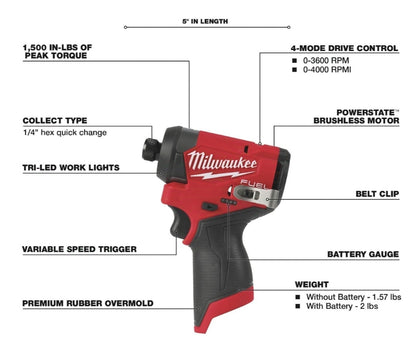 Milwaukee M12 FUEL 1/4in. Hex Impact Driver, Tool Only, Model# 3453-20