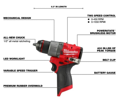 Milwaukee 3403-20 M12 FUEL 12V 1/2" Cordless Li-ion Drill/Driver - Bare Tool