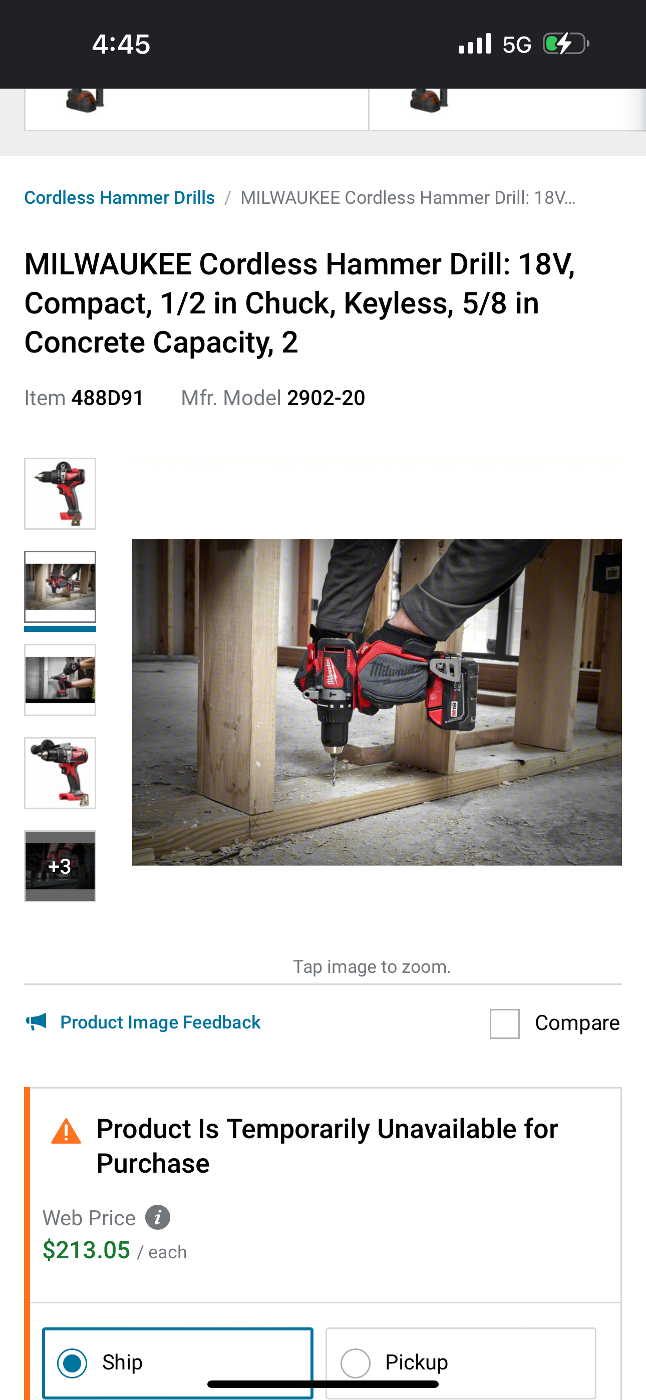 MILWAUKEE Cordless Hammer Drill: 18V, Compact, 1/2 in Chuck, Keyless, 5/8 in Concrete Capacity, 2