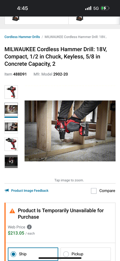 MILWAUKEE Cordless Hammer Drill: 18V, Compact, 1/2 in Chuck, Keyless, 5/8 in Concrete Capacity, 2