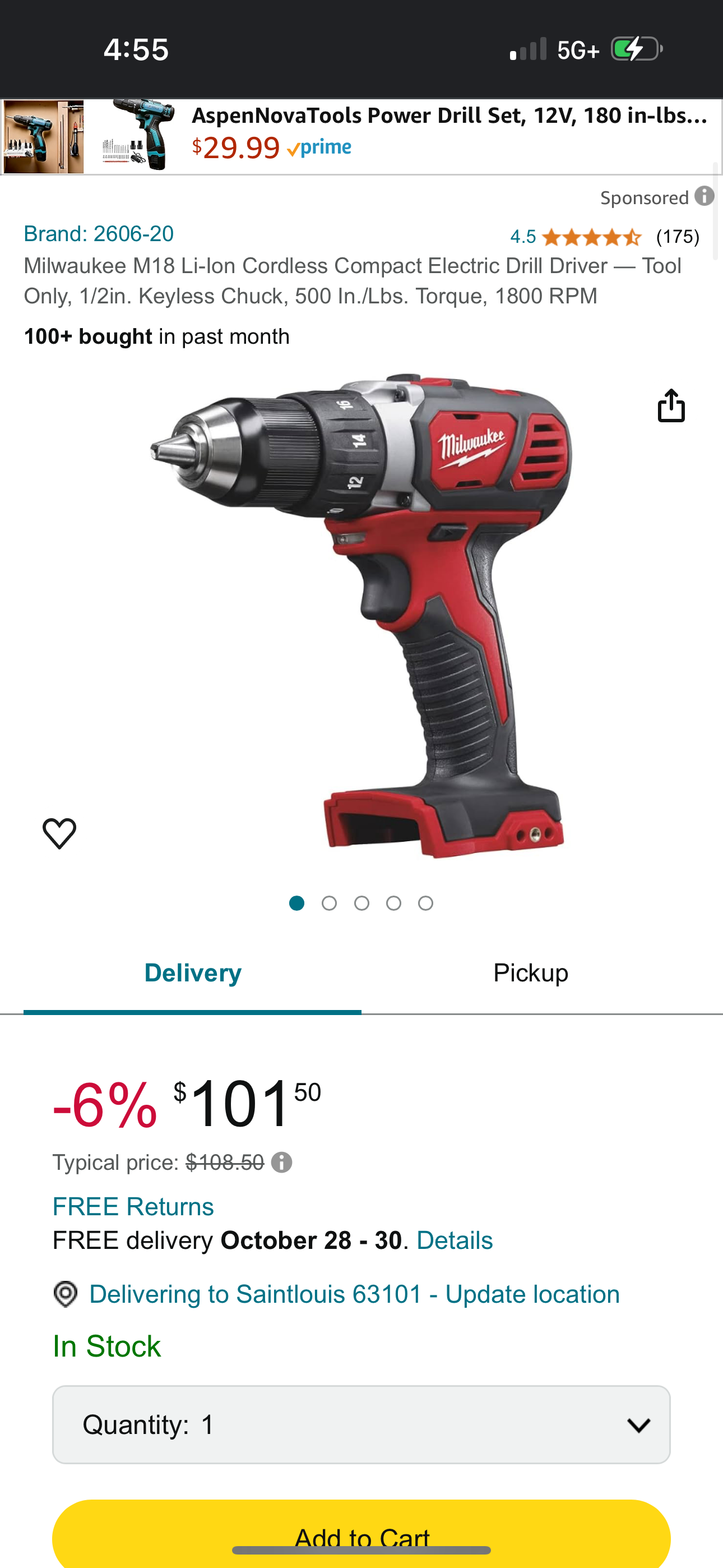 Milwaukee M18 Li-Ion Cordless Compact Electric Drill Driver — Tool Only, 1/2in. Keyless Chuck, 500 In./Lbs. Torque, 1800 RPM