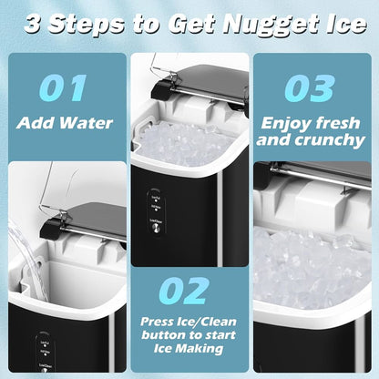 Nugget Ice Maker Countertop, Portable Crushed Sonic Ice Machine, Self Cleaning Ice Makers with One-Click Operation, Soft Chewable Ice in 7 Mins, 34Lbs/24H with Ice Scoop for Home Bar Camping RV