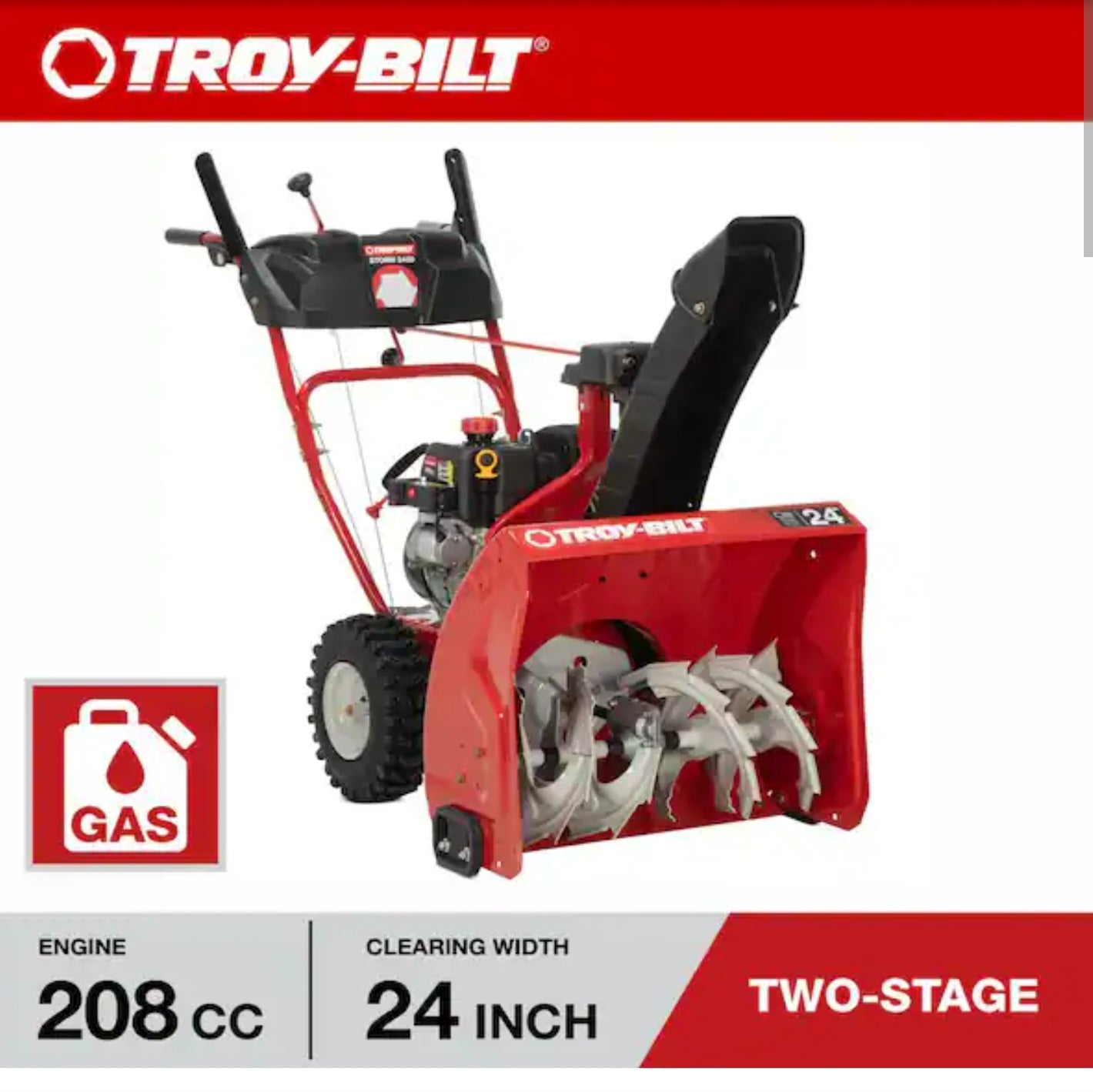 Troy-Bilt
Storm 24 in. 208 cc Two- Stage Gas Snow Blower with Electric Start Self Propelled