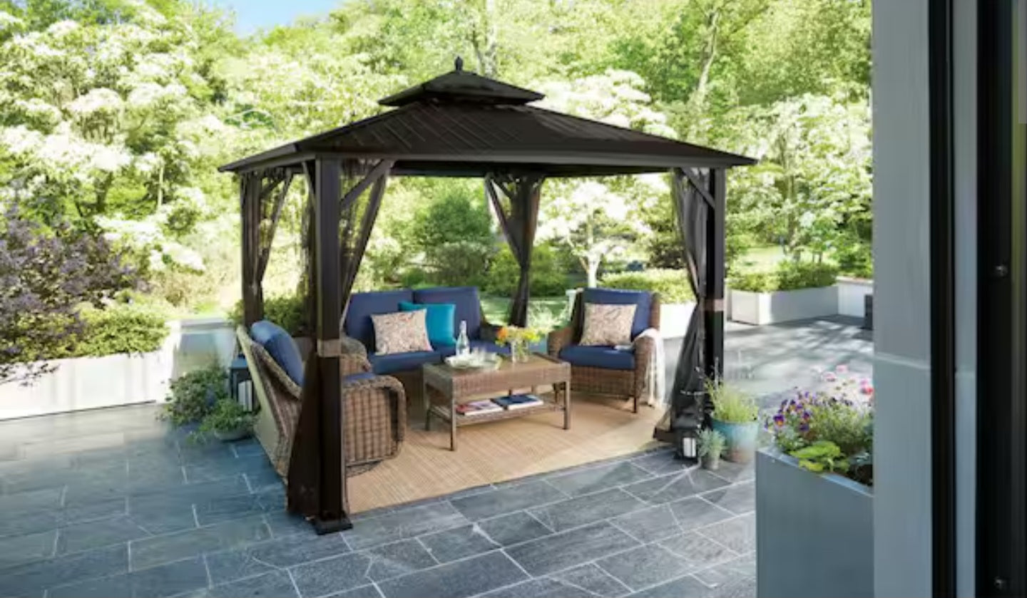 Hampton Bay
10 ft. x 10 ft. Holden Outdoor Patio Black Hard Top Galvanized Steel Gazebo Only Pick Up