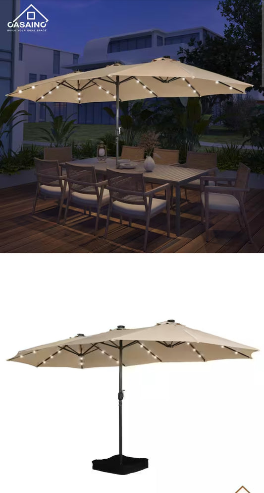 CASAINC
15 ft. Steel Patio Double-Side Market Umbrella with Base and Solar Light with Base in Tan