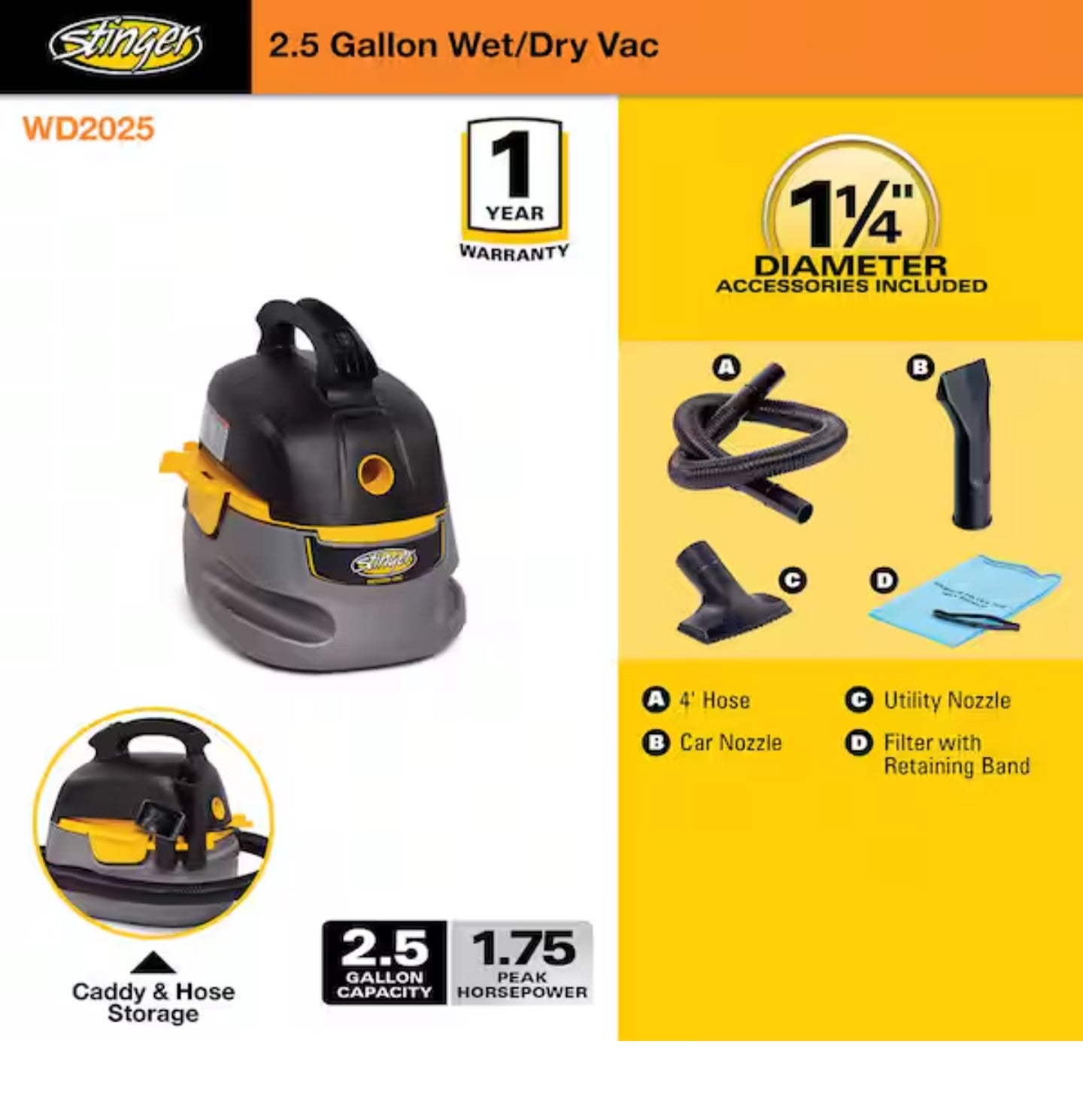 Stinger
2.5 Gallon 1.75 Peak HP Small Shop Vac Wet Dry Vacuum with Filter Bag, Hose, Utility Nozzle and Car Nozzle Attachments